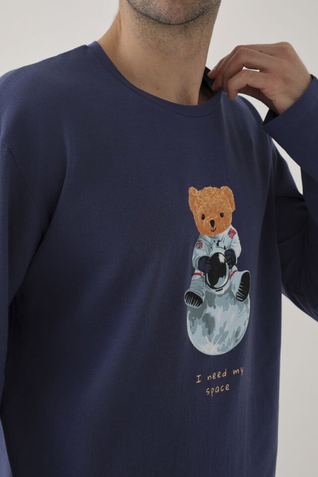 Erkek Pamuklu Uzun Kollu Uzay Temalı/ Astronot Baskılı Füme Çizgili Pijama Takımı 2XL - Mavi - Beyaz