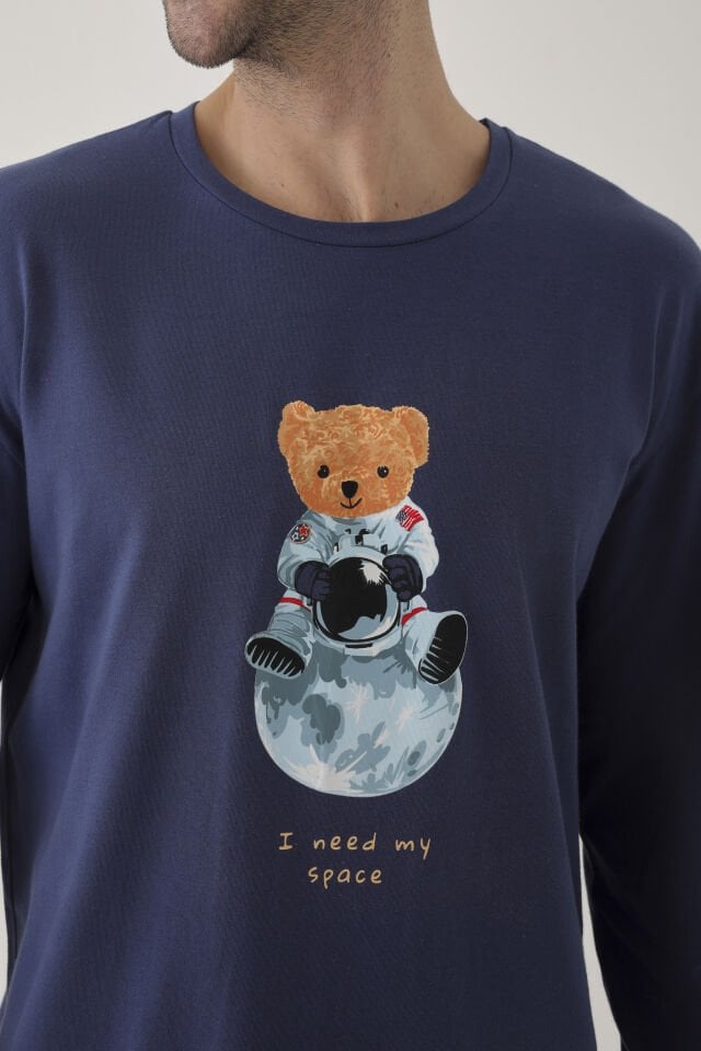 Erkek Pamuklu Uzun Kollu Uzay Temalı/ Astronot Baskılı Füme Çizgili Pijama Takımı 2XL - Mavi - Beyaz