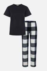 Kadın Kısa Kollu Pamuklu Ekose Desenli Pijama Takımı Siyah - S - Siyah - S