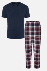 Erkek Kısa Kollu Ekose Desenli Pamuklu Pijama Takımı Lacivert - XL - Lacivert - XL