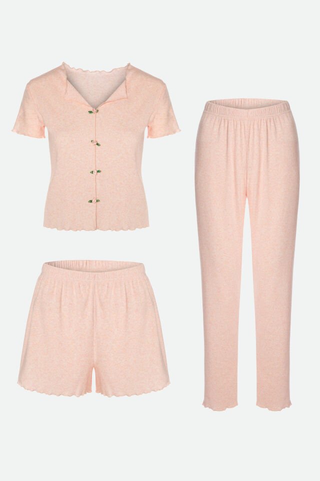 Kadın Pamuklu 3'lü Yeşil Fiyonklu Kaşkorse Pijama Takımı XL - Pembe