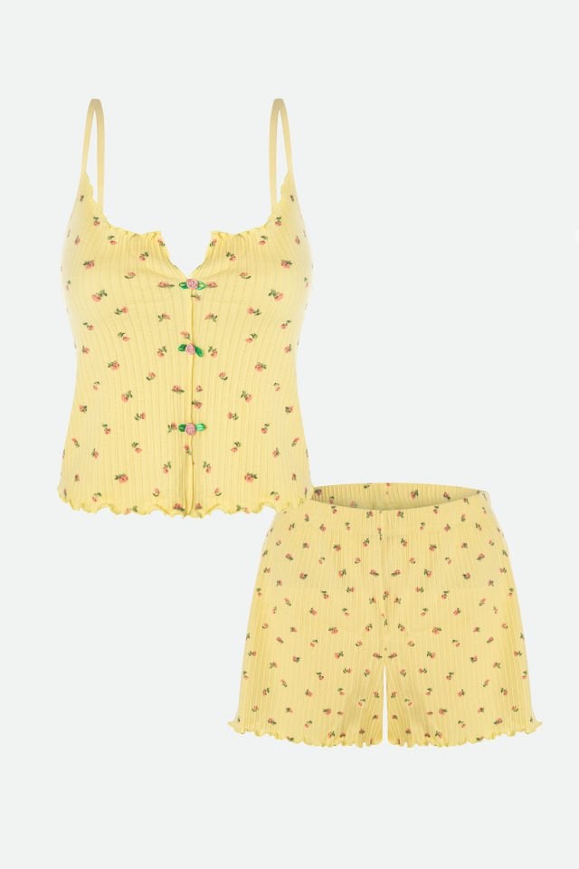 Kadın İnce Askılı Çiçekli Fiyonklu Pamuklu Şortlu Pijama Takımı XL - Sarı