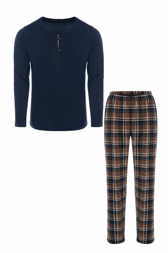Erkek Pamuklu Uzun Kollu Önü Patlı Ekose Desenli Pijama Takımı Kahverengi - M/L
