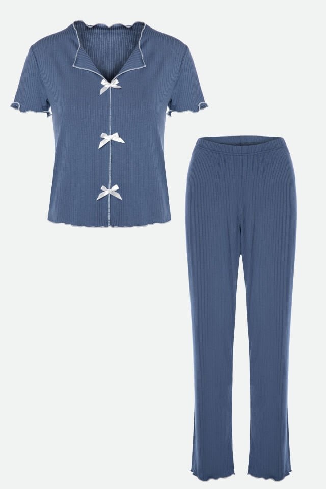 Kadın Kısa Kollu Fiyonklu Fitilli Pijama Takımı İndigo - XL