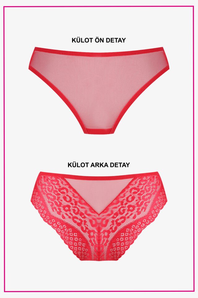 Yılbaşı Temalı Kadın Dolgusuz Kırmızı Leopar Desenli Tüllü Büstiyer Takım 75B - Kırmızı