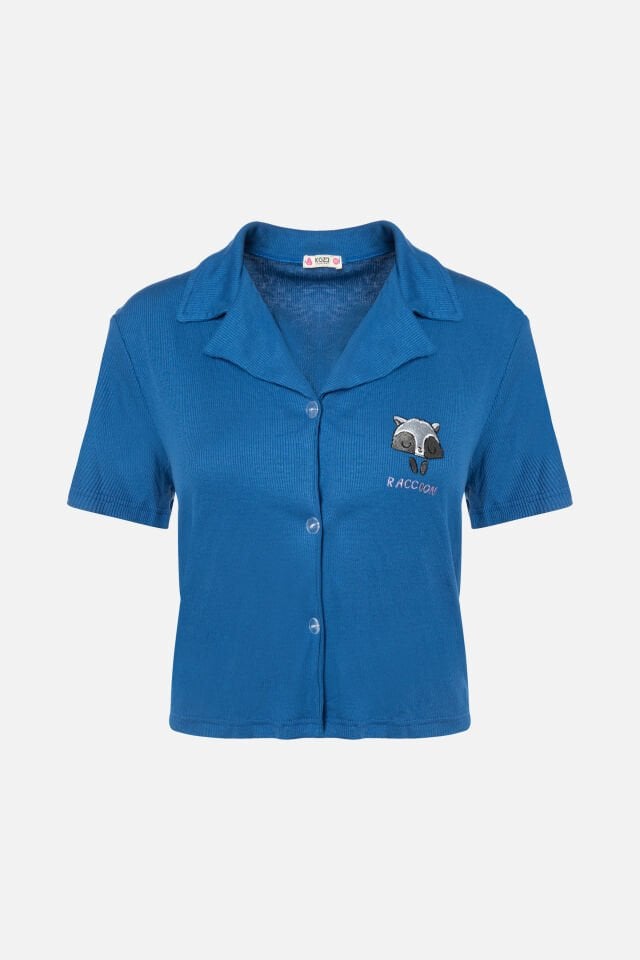 Kadın Gömlek Yaka Rakun Nakışlı Fitilli Örme Pijama Takımı XL
