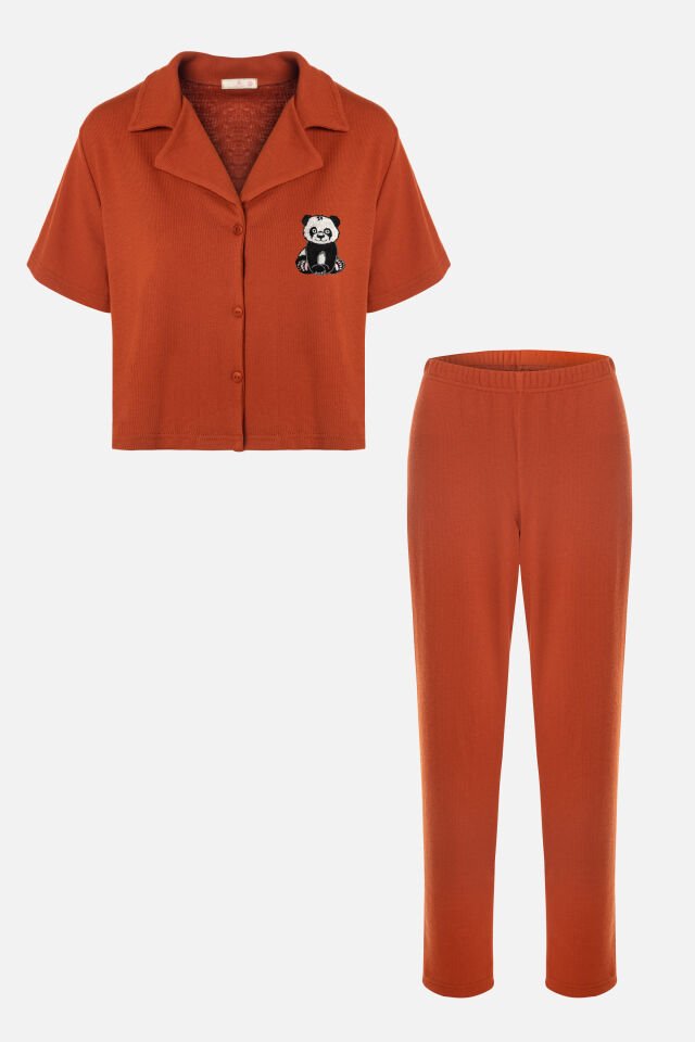 Kadın Gömlek Yaka Rakun Nakışlı Fitilli Örme Pijama Takımı XL