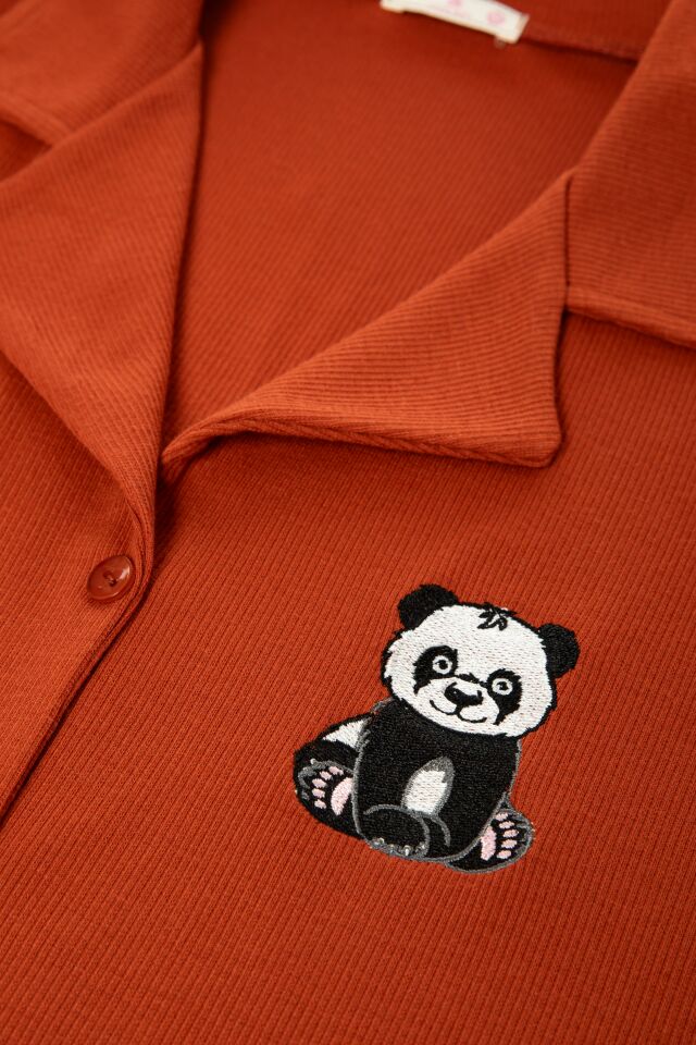 Kadın Gömlek Yaka Rakun Nakışlı Fitilli Örme Pijama Takımı XL
