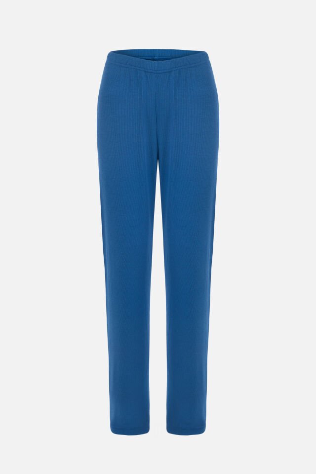 Kadın Gömlek Yaka Rakun Nakışlı Fitilli Örme Pijama Takımı S - Saks