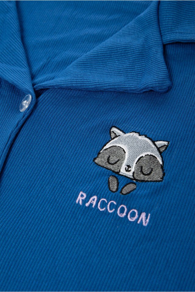 Kadın Gömlek Yaka Rakun Nakışlı Fitilli Örme Pijama Takımı S - Saks