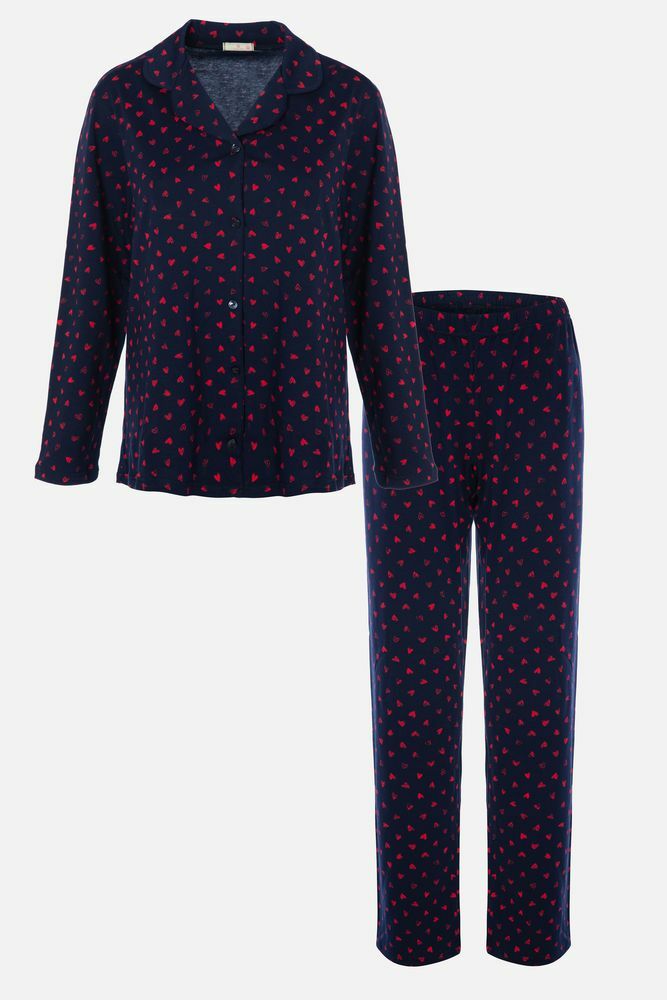 Kadın Lacivert Kırmızı Kalpli Desenli Pamuklu Düğmeli Pijama Takımı Çok Renkli - S - Çok Renkli - S