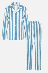 Kadın Uzun Kollu Pamuklu Gömlek Yaka Sulu Boya Efektli Pijama Takımı Çok Renkli - XL