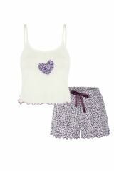 Kadın İnce Askılı Pamuklu Leopar Desenli Crop Top Şortlu Pijama Takımı Çok Renkli - L