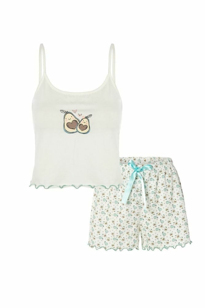 Kadın İnce Askılı Baby Overloklu Avokado Desenli Crop Top Şortlu Pijama Takımı Çok Renkli - S - Çok Renkli - S