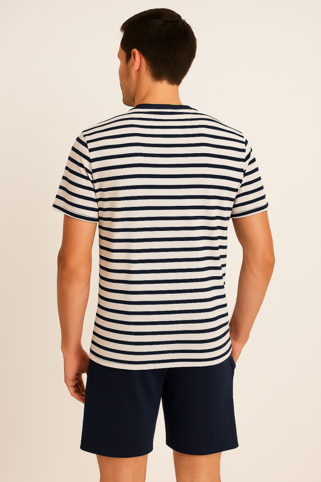 Erkek Pamuklu Lacivert Çizgili Şort Takım 2XL