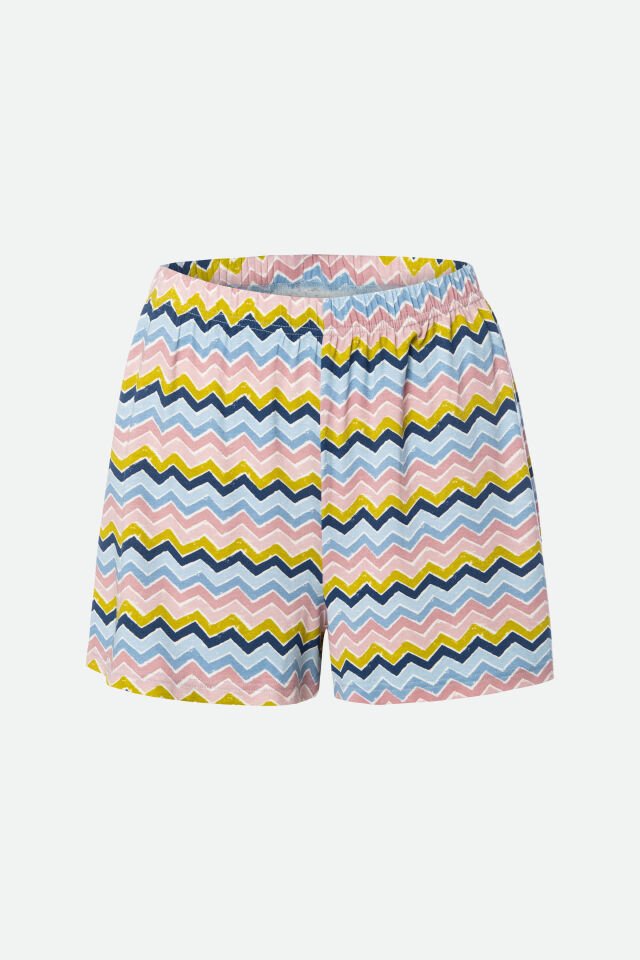 Kadın Pamuklu Kısa Kollu Şortlu Pijama Takımı L - Mavi -Sarı