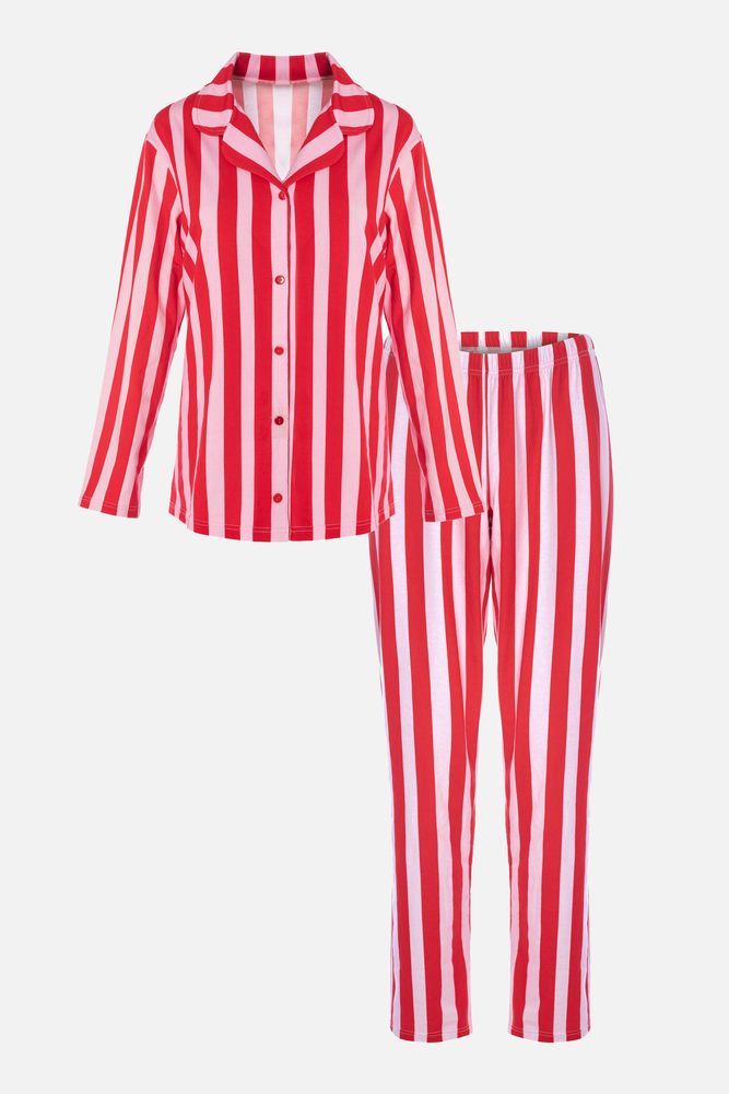 Kadın Çizgili Gömlek Yakalı Pijama Takımı Çok Renkli - 2XL - Çok Renkli - 2XL
