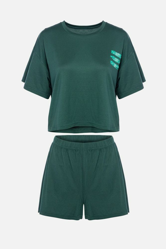 Kadın Yumuşak Dokulu Kısa Kollu Şortlu Pijama Takımı Yeşil - XL - Yeşil - XL