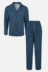 Erkek Mavi Çizgili Pamuklu Kombinli Gömlek Yaka Pijama Takımı 2XL - Mavi