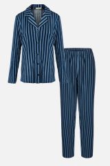 Kadın Mavi Çizgili Pamuklu Kombinli Gömlek Yaka Pijama Takımı Mavi Çizgili - S - Mavi Çizgili - S