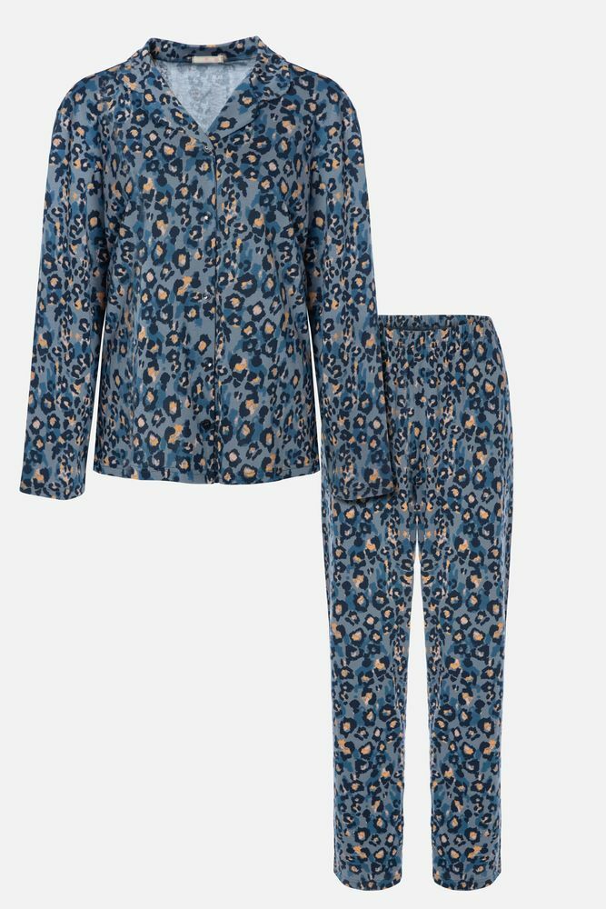 Kadın Mavi Leopar Desenli Düğmeli Pamuklu Gömlek Yaka Uzun Kollu pijama takımı Çok Renkli - S - Çok Renkli - S