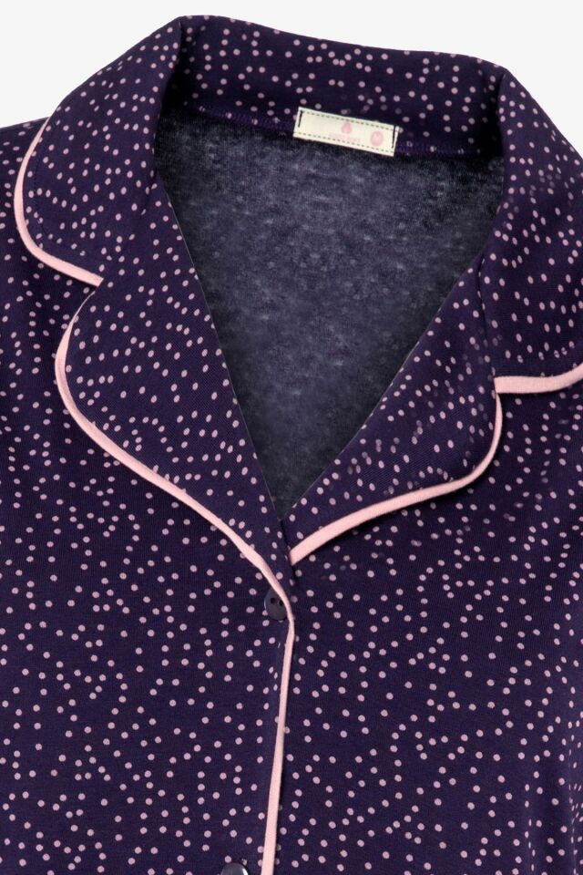 Kadın Kısa Kollu Pamuklu Puanlı Desenli Ara Biyeli Pijama Takımı Mor