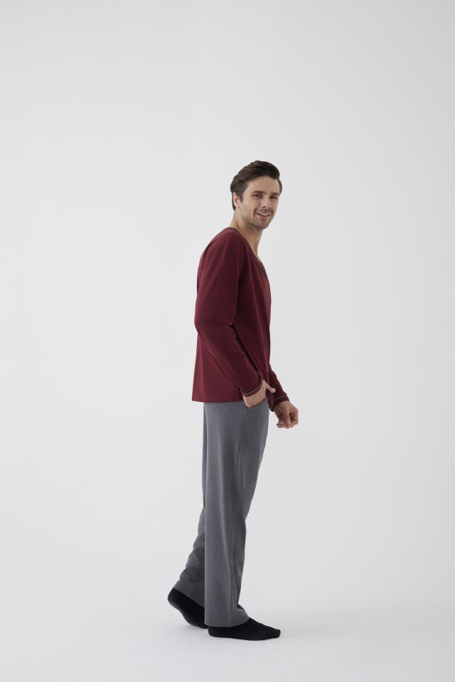 Erkek Pamuklu Uzun Kollu Ara Biyeli Cep Detaylı Pijama Takımı 2XL - Bordo - Gri Melanj