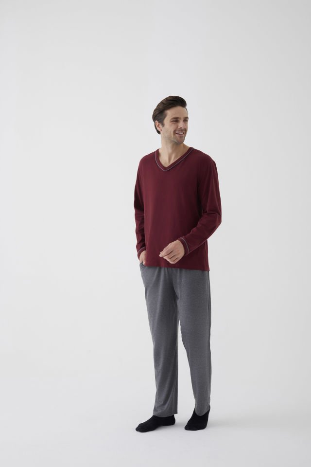 Erkek Pamuklu Uzun Kollu Ara Biyeli Cep Detaylı Pijama Takımı 2XL - Bordo - Gri Melanj
