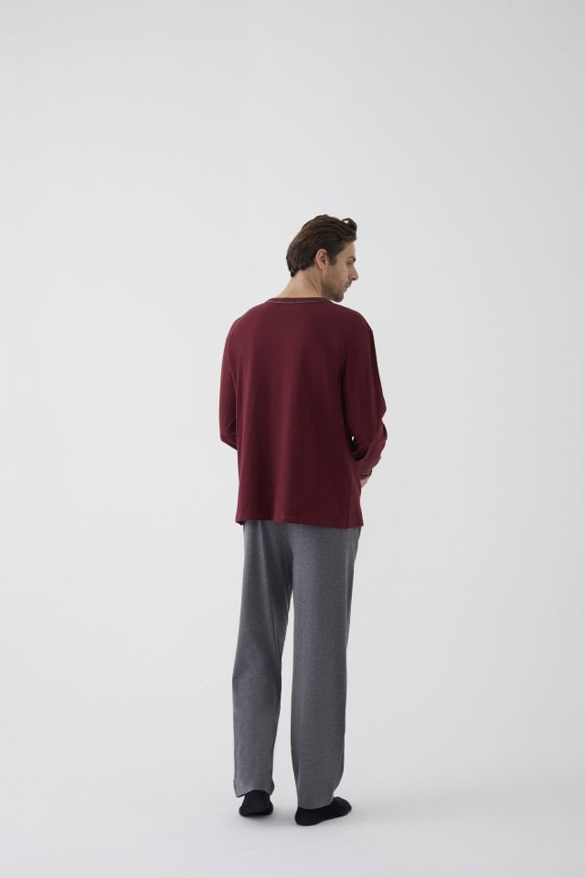 Erkek Pamuklu Uzun Kollu Ara Biyeli Cep Detaylı Pijama Takımı 2XL - Bordo - Gri Melanj