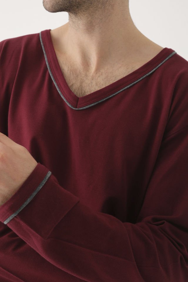 Erkek Pamuklu Uzun Kollu Ara Biyeli Cep Detaylı Pijama Takımı 2XL - Bordo - Gri Melanj