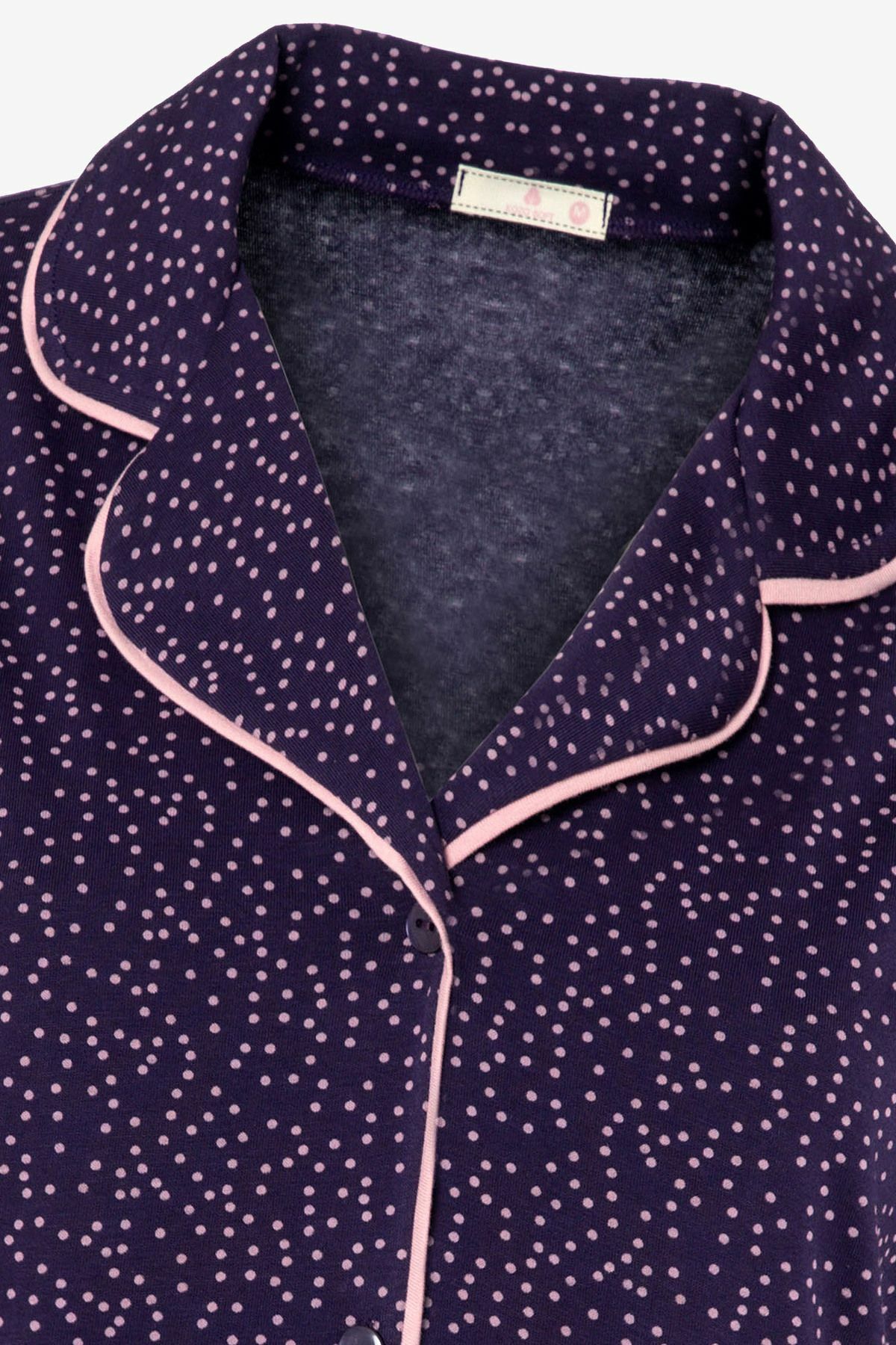 Kadın Kısa Kollu Pamuklu Puanlı Desenli Ara Biyeli Pijama Takımı Mor - L