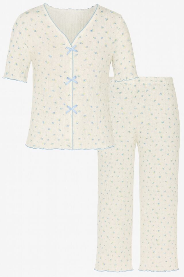 Kadın Kısa Kollu Fiyonklu Fitilli Pijama Takımı L - Ekru  -  Mavi