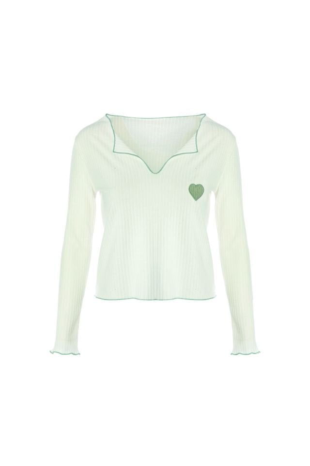 Kadın Soft Touch Fitilli Uzun Kollu Pijama Takımı Yeşil - Ekru - XL