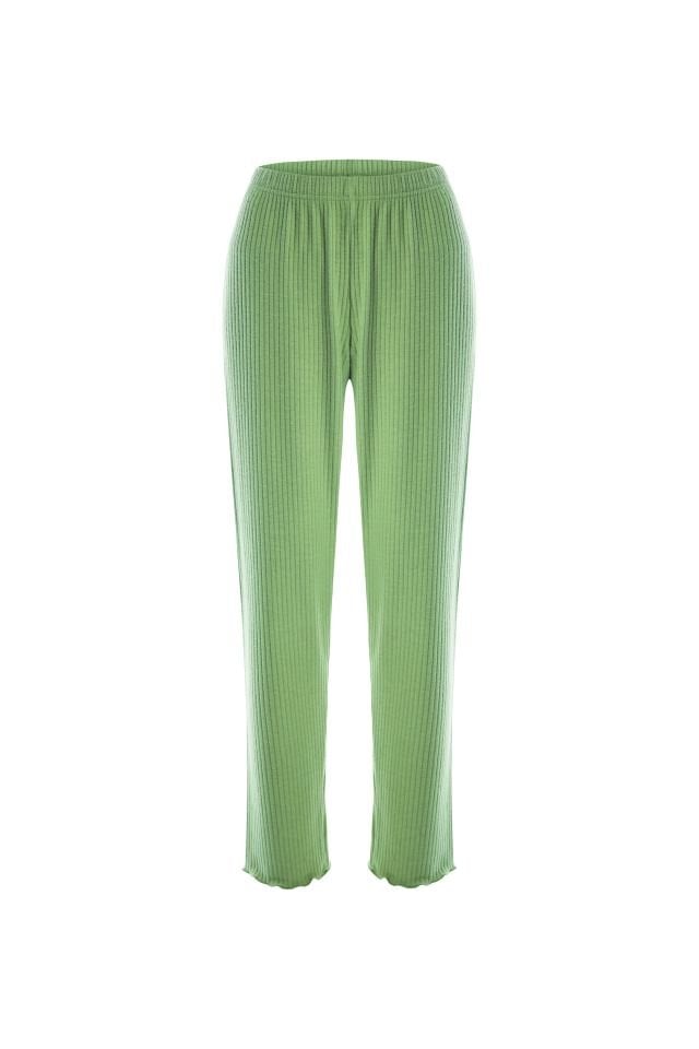 Kadın Soft Touch Fitilli Uzun Kollu Pijama Takımı Yeşil - Ekru - XL