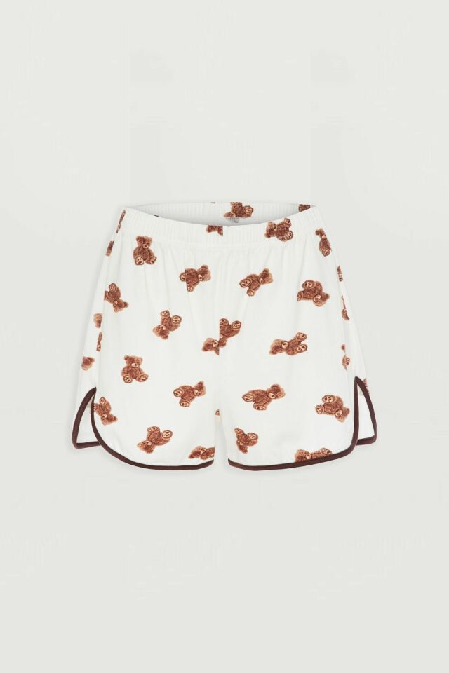 Kadın Pamuklu Ayıcık Desenli Gömlek Yaka Şortlu Pijama Takımı 72124 - M