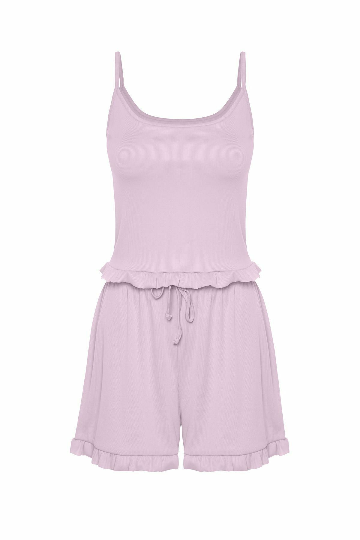 Kadın İnce Askılı Fırfır Şortlu Pijama Takımı Lila - L