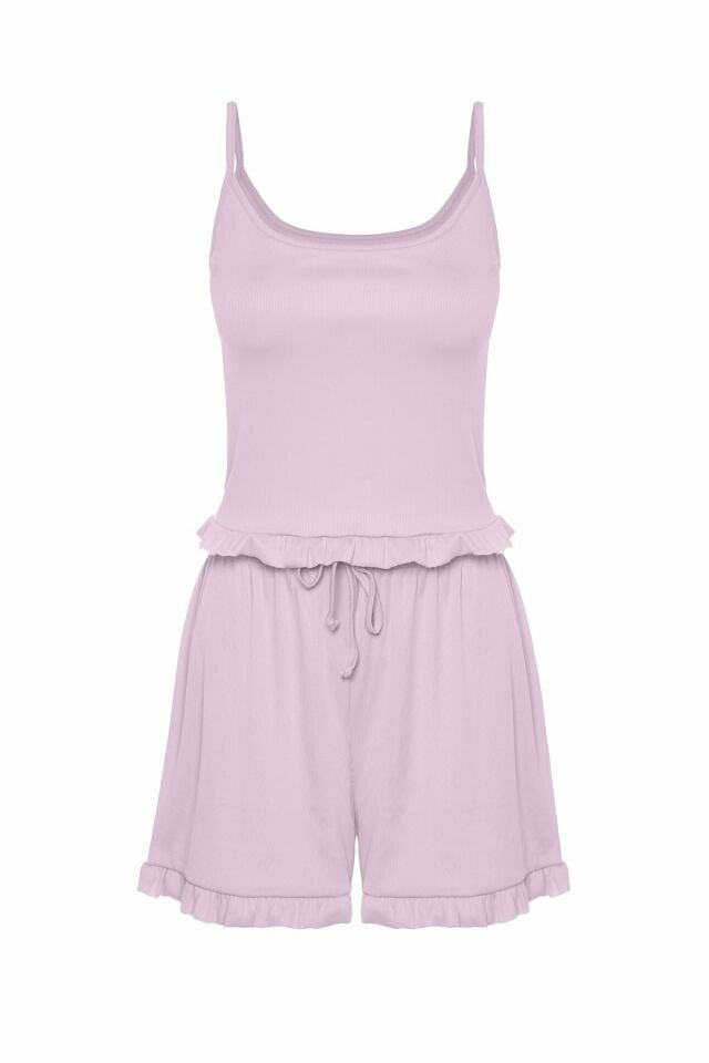 Kadın İnce Askılı Fırfır Şortlu Pijama Takımı Lila - L