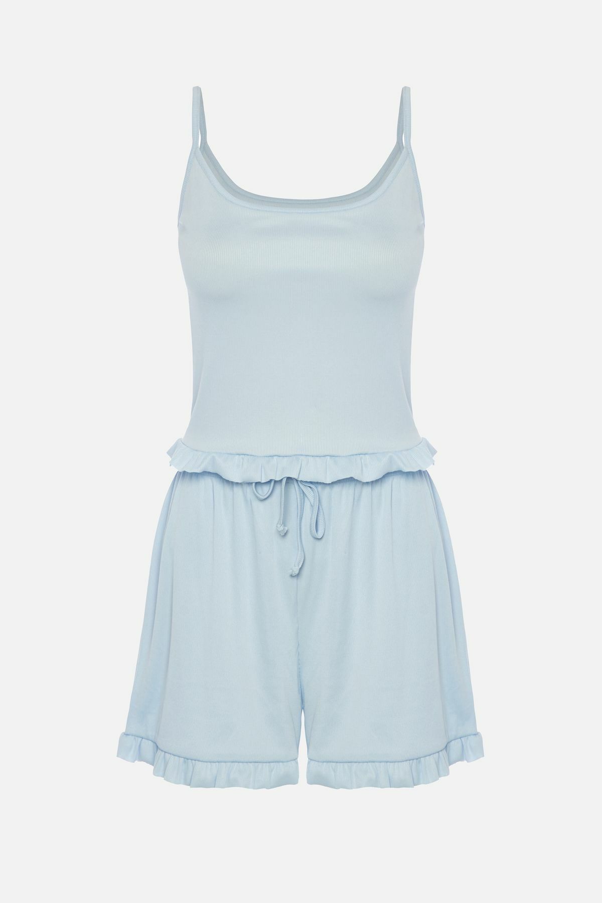 Kadın İnce Askılı Fırfır Şortlu Pijama Takımı Bebe Mavisi - S