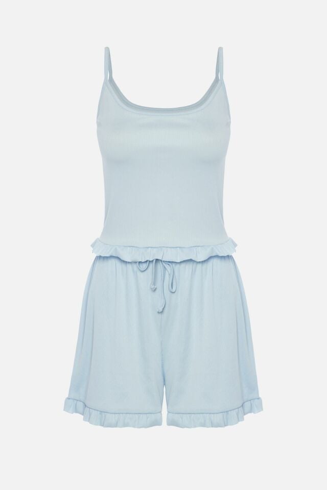 Kadın İnce Askılı Fırfır Şortlu Pijama Takımı Bebe Mavisi - S