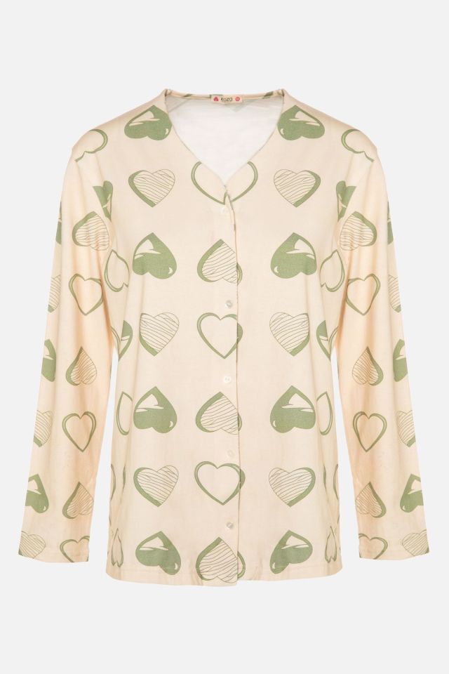 Kadın Kalp Desenli V Yaka Düğmeli Pijama Takımı Ekru-Yeşil - M