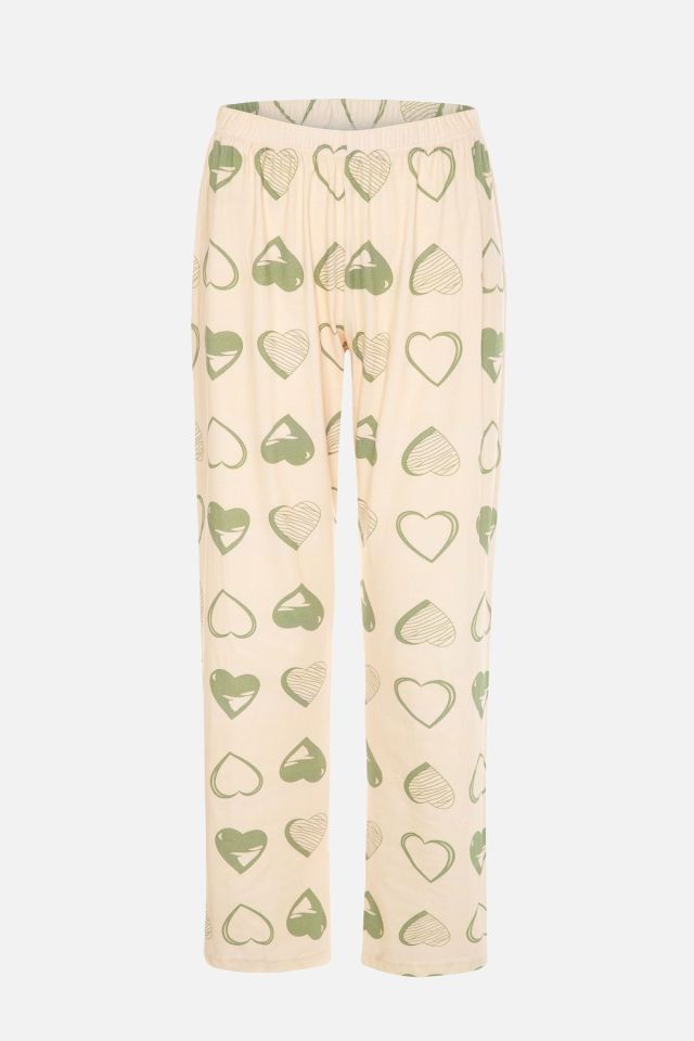 Kadın Kalp Desenli V Yaka Düğmeli Pijama Takımı Ekru-Yeşil - M