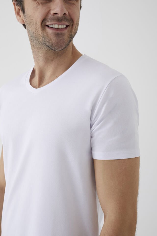 Erkek Pamuklu V Yaka Kısa Kollu Tişört Beyaz - 2XL