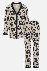 Kadın Leopar Desenli Bant Detaylı Düğmeli Pijama Takımı Çok Renkli - XL - Çok Renkli - XL