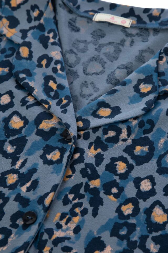 Kadın Mavi Leopar Desenli Düğmeli Pamuklu Gömlek Yaka Uzun Kollu pijama takımı Çok Renkli - 2XL