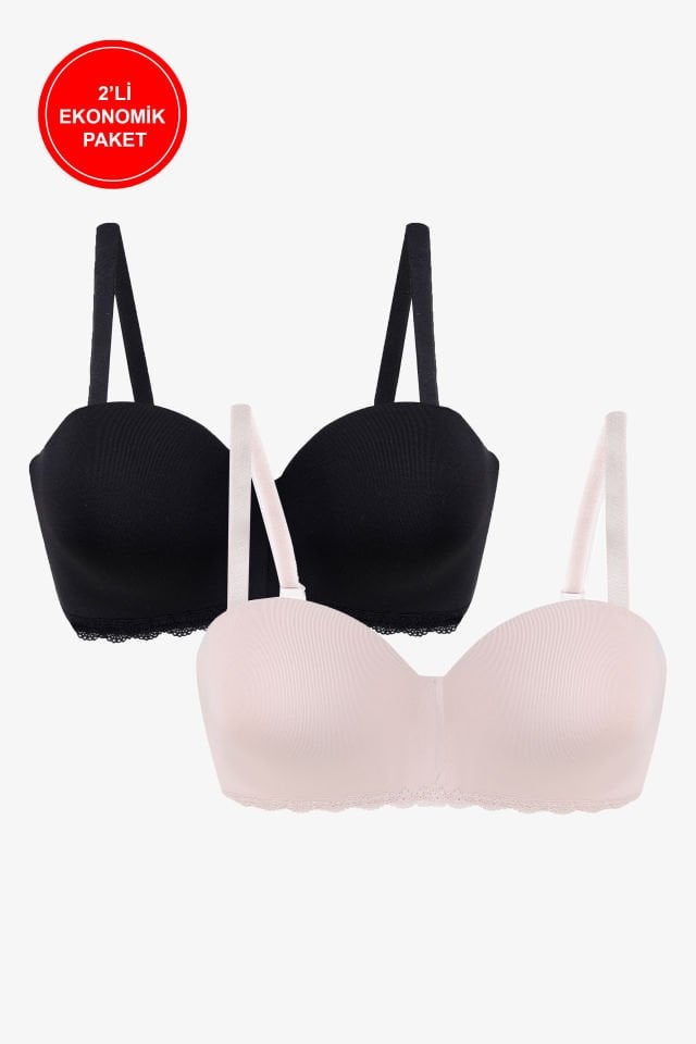 2'Lİ PAKET - Kadın Dolgusuz Mikro Straplez Sütyen 95B - Siyah-Ten