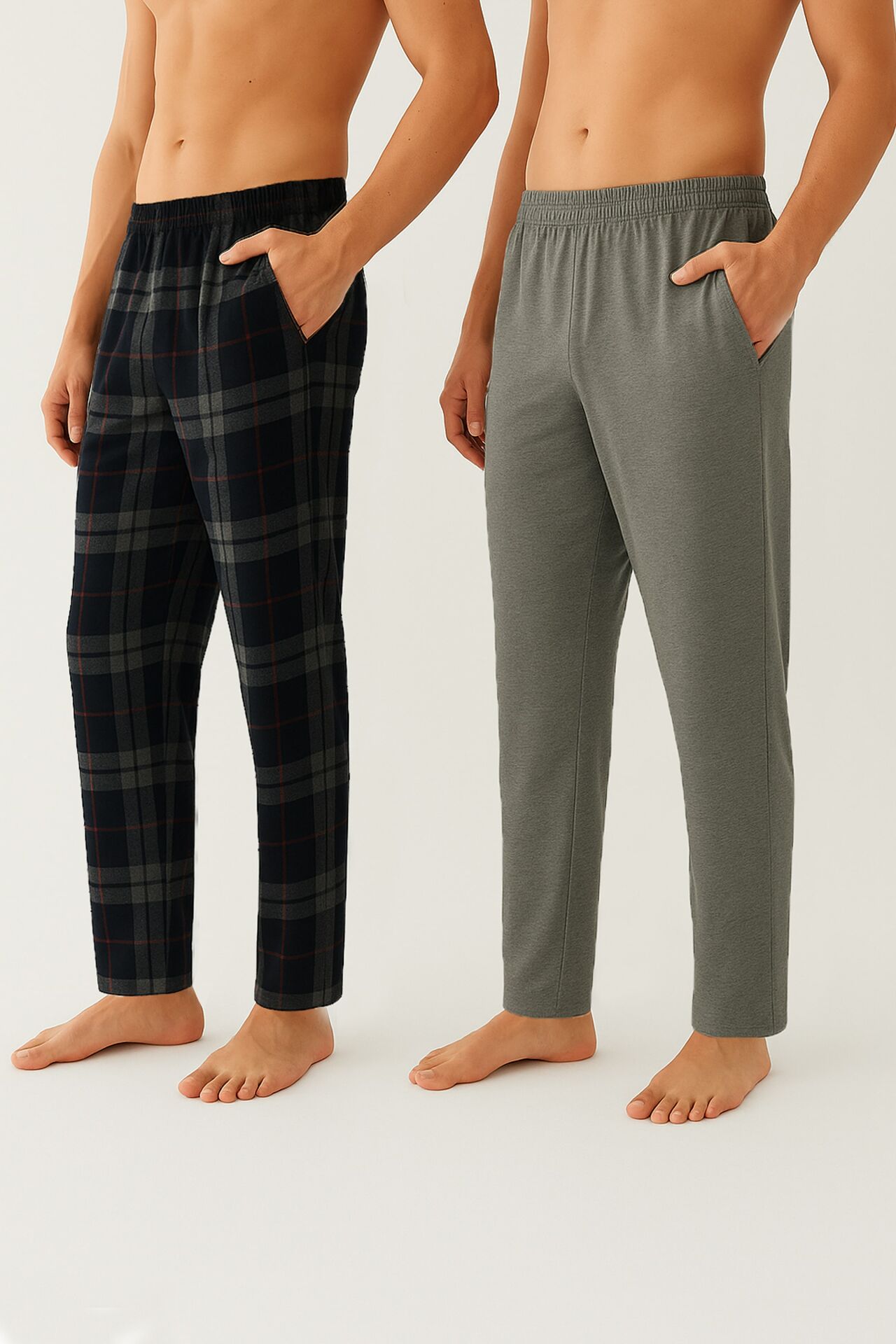 Erkek Pamuklu  2'li Tek Alt Pijama Gri - Siyah - 2XL