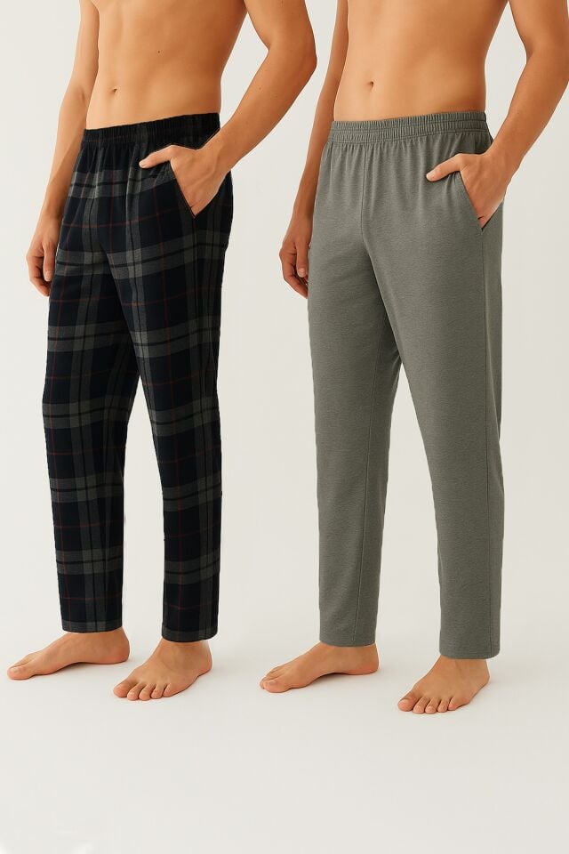 Erkek Pamuklu  2'li Tek Alt Pijama Gri - Siyah - 2XL