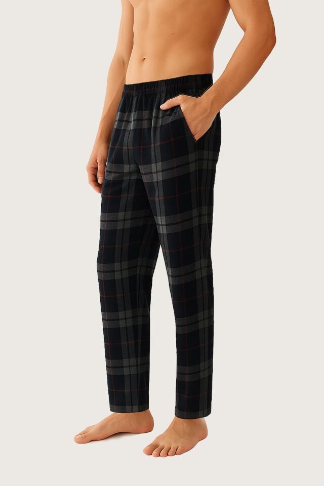 Erkek Pamuklu  2'li Tek Alt Pijama Gri - Siyah - 2XL