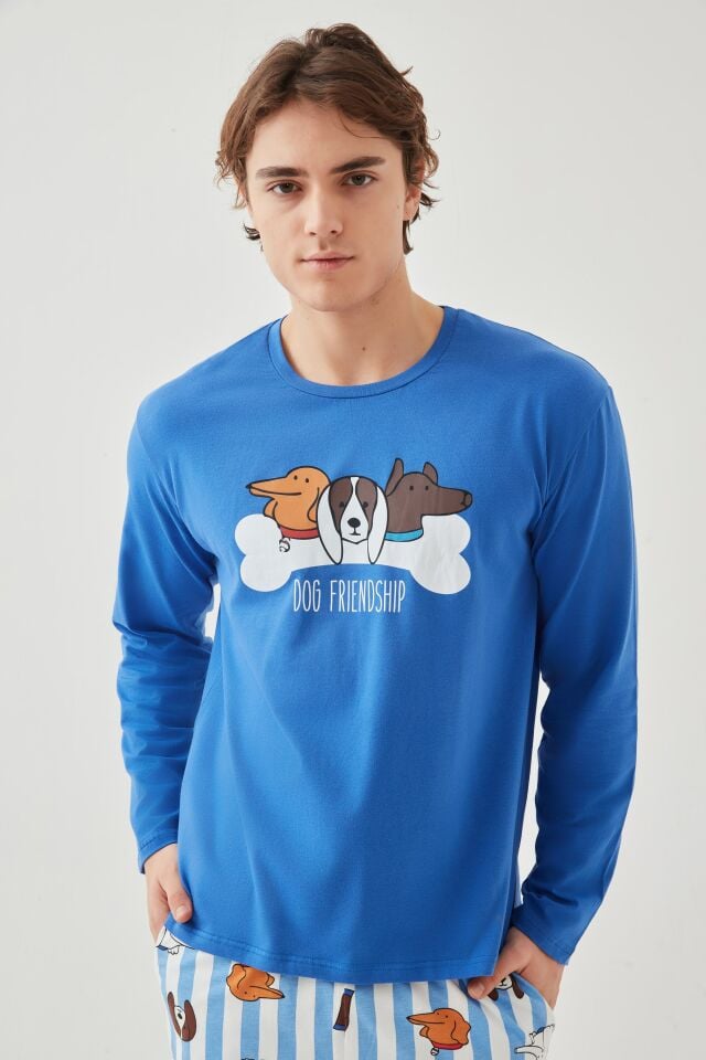 Erkek Pamuklu Uzun Kollu Baskılı Alt Desenli Cep Detaylı Pijama Takımı Beyaz - Saks - 2XL