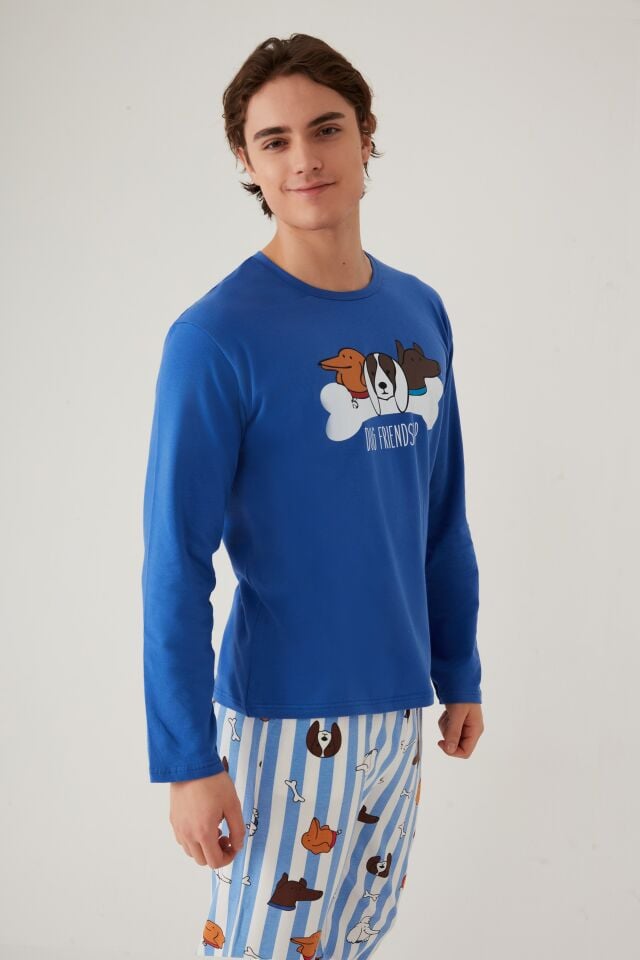 Erkek Pamuklu Uzun Kollu Baskılı Alt Desenli Cep Detaylı Pijama Takımı Beyaz - Saks - 2XL